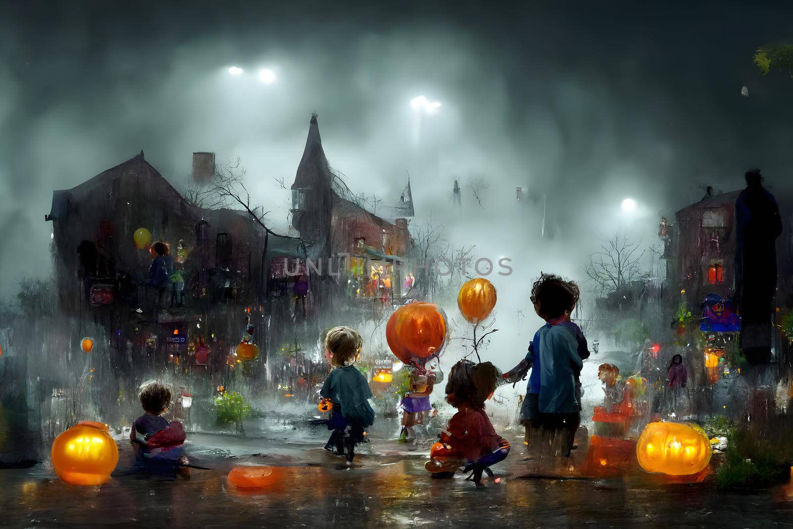 kids playing on night halloween street, american neighborhood background, neural network generated art. Digitally generated image. Not based on any actual scene or pattern.