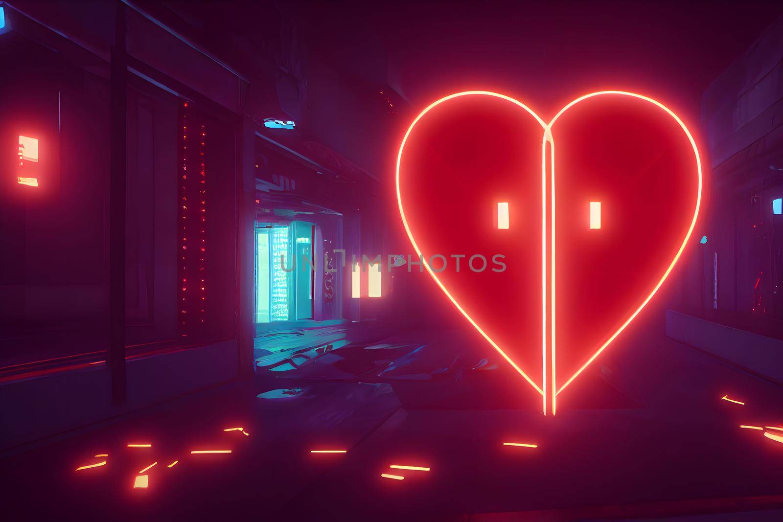large red glowing heart on the wall in night club with dim lights, neural network generated art. Digitally generated image. Not based on any actual scene or pattern.