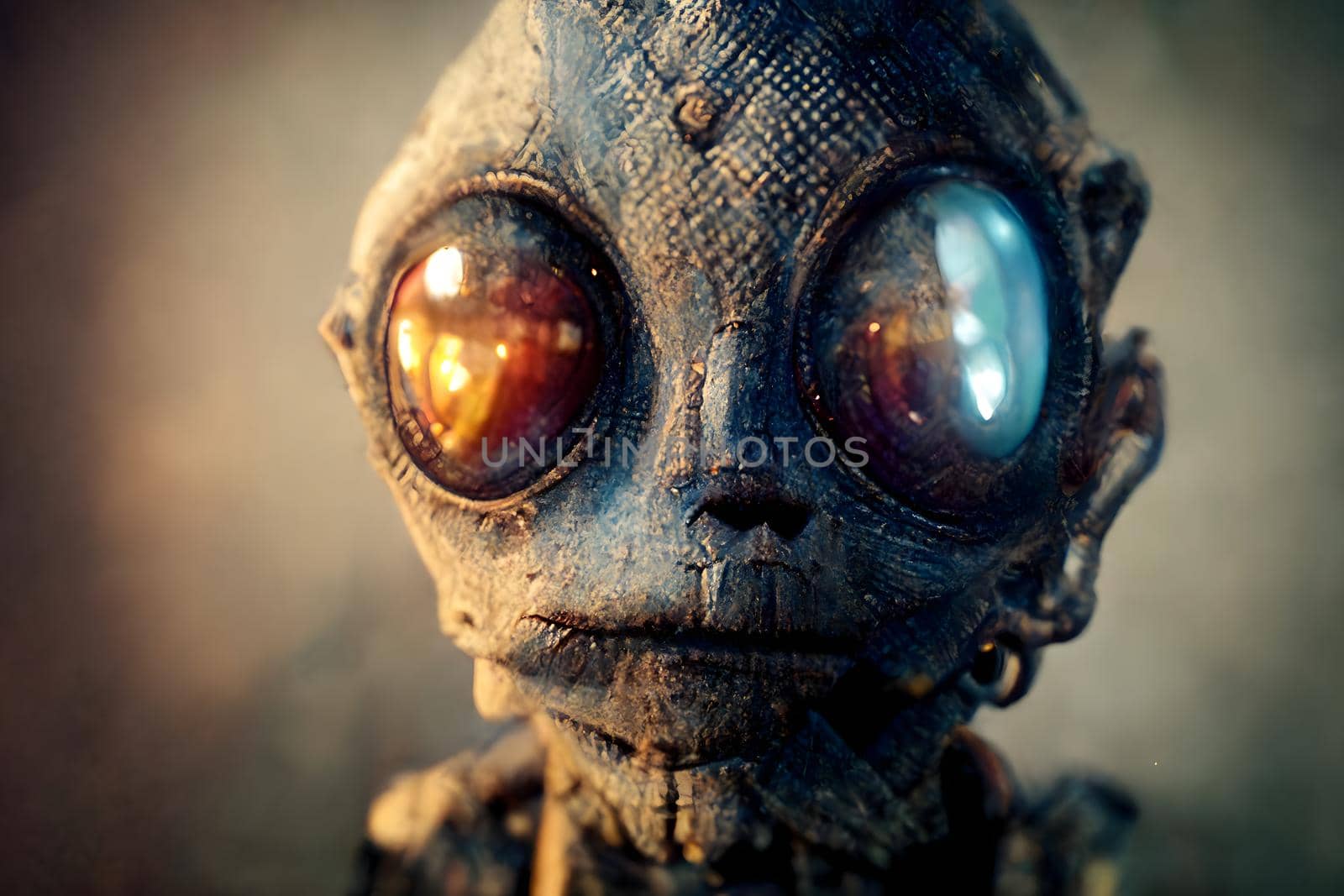 symmetrical humanoid alien portrait, neural network generated art. Digitally generated image. Not based on any actual scene or pattern.
