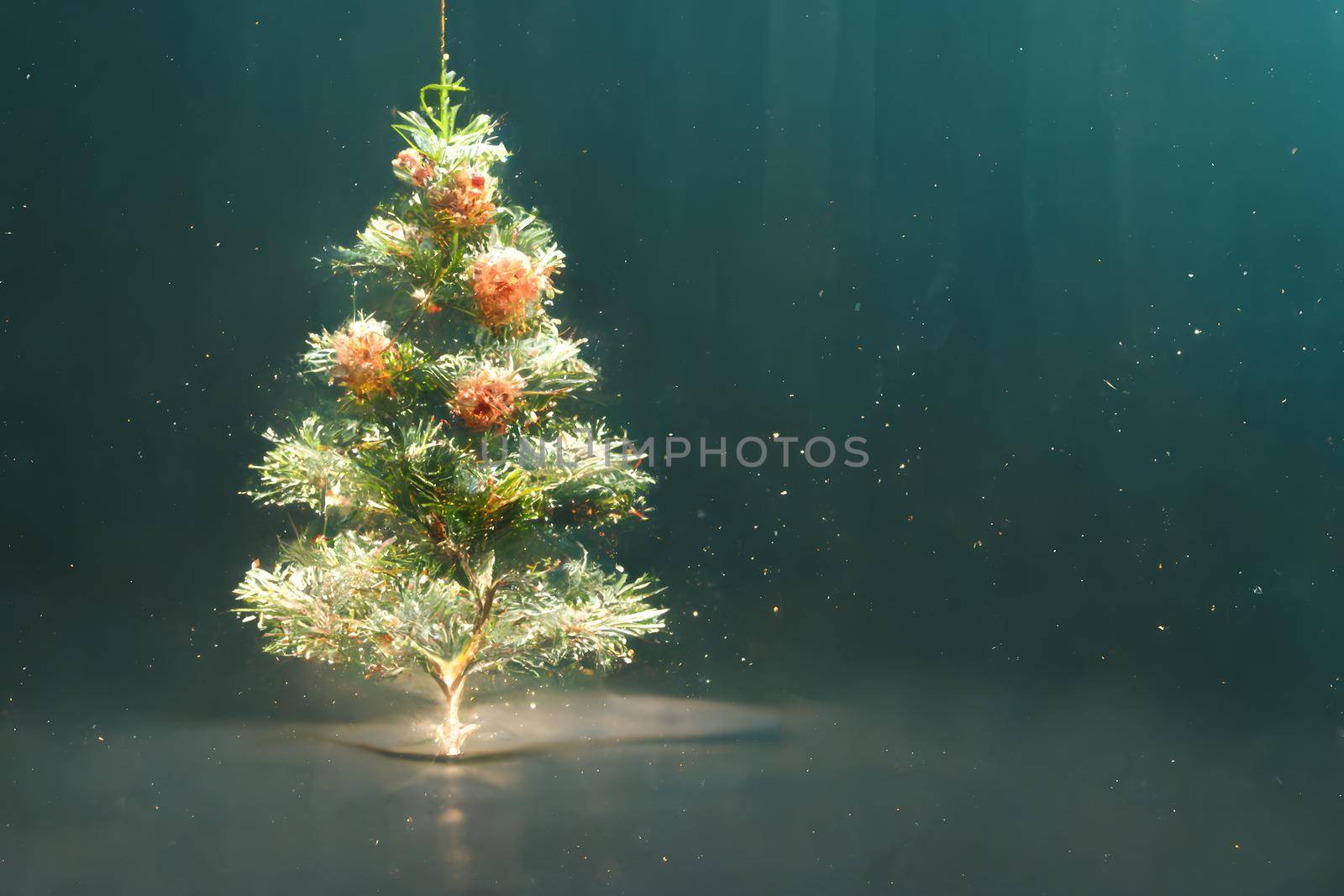 christmas tree on gray backgound with copy space, neural network generated art. Digitally generated image. Not based on any actual scene or pattern.