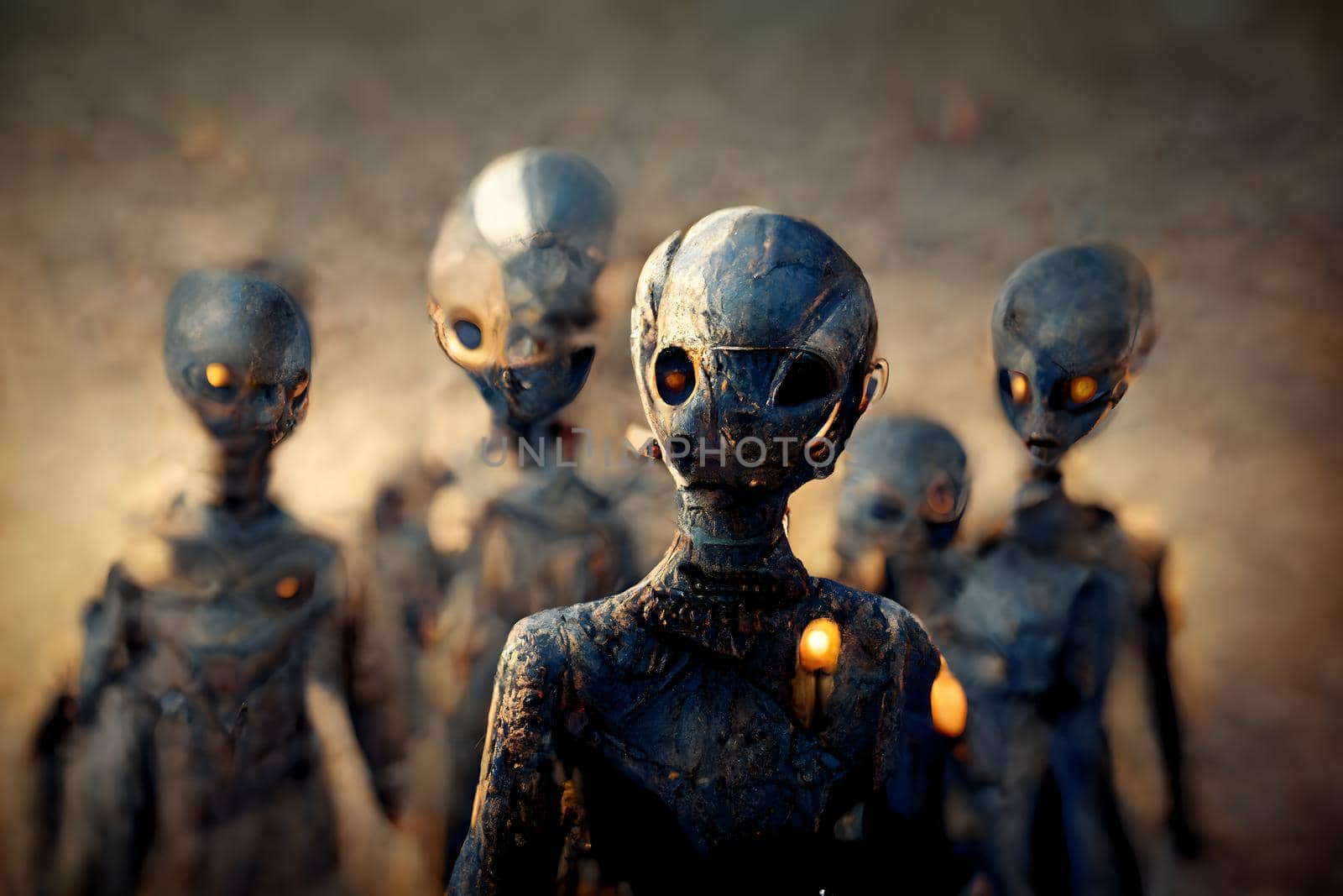 group of ugly barely humanoid aliens in ominous misty atmosphere, neural network generated art. Digitally generated image. Not based on any actual scene or pattern.