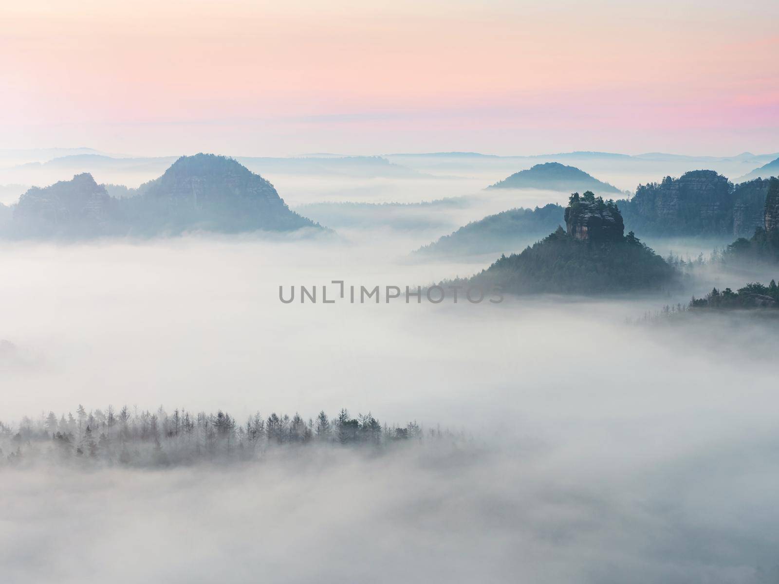 The fabulous Winterstein, also called Hinteres Raubschloss or Raubstein. It is a sandstone rock massif, the butte in the Saxon Switzerland National Park in the Bad Schandau region, Germany