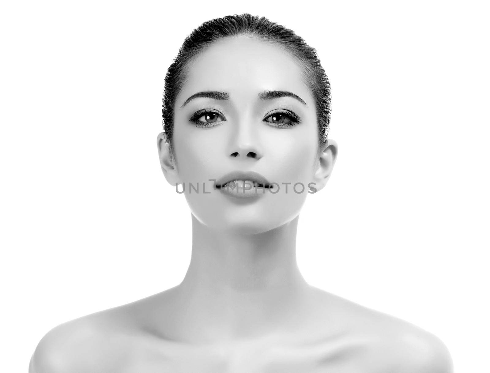 Beautiful young female with clean fresh skin, white background by Nobilior