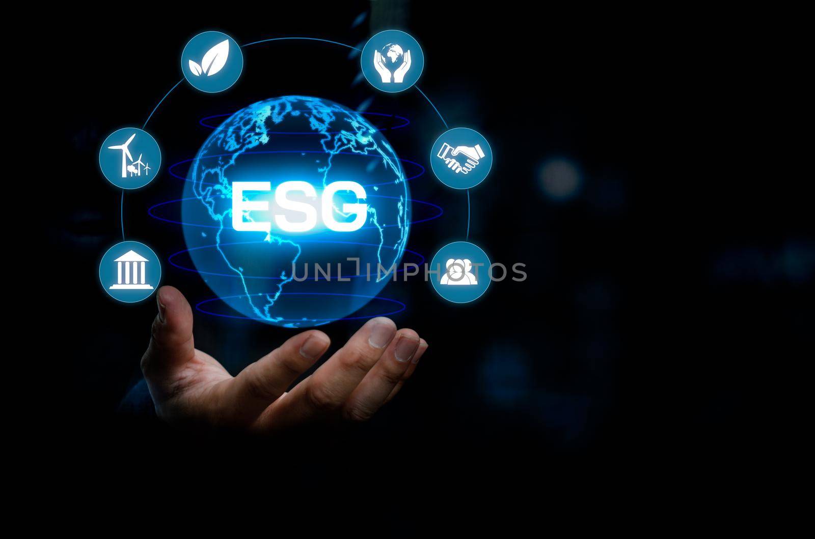 Businessman touching ESG Environmental Social Governance virtual screen Internet Business Technology Concept.