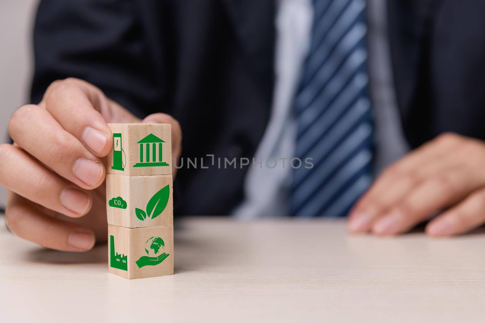 Wood cube block icon eco Environmental Social and Governance net zero and carbon concept of sustainable development of the organization.Investing and management of pollution to reduce global warming.