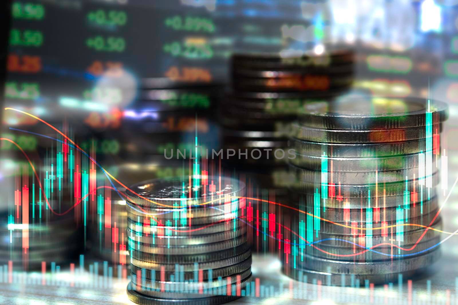 Finance stock market or forex trading graph and candlestick chart investment exchange analysis economy management and coin stack.Abstract finance background. by aoo3771