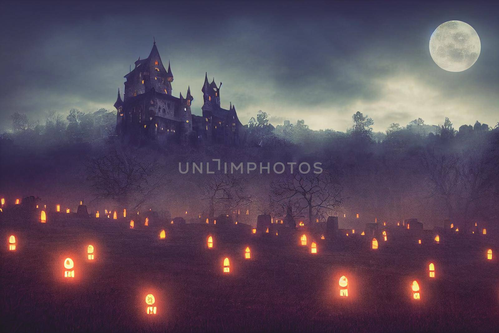 3D illustration Horror Castle Background With Graveyard In Halloween Night. Digital art background.