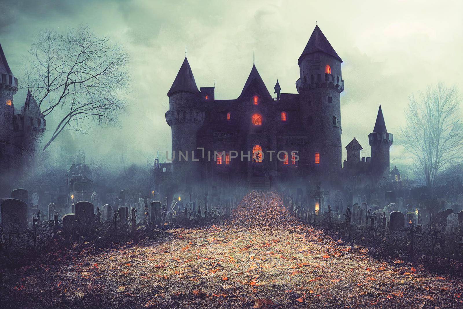 3D illustration Horror Castle Background With Graveyard In Halloween Night. Digital art background.