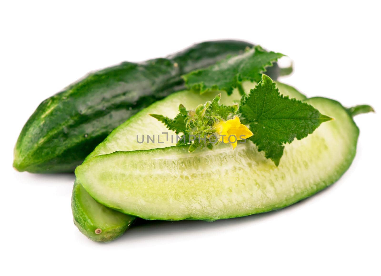 Cucumbers on white with green leaves on white by aprilphoto