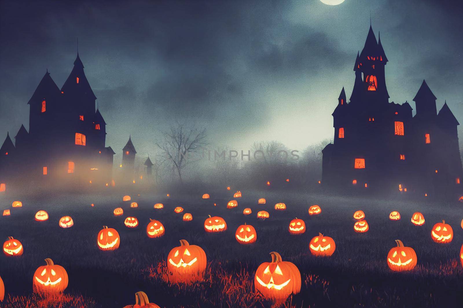 3D illustration Horror Castle Background With Graveyard In Halloween Night. Digital art background.