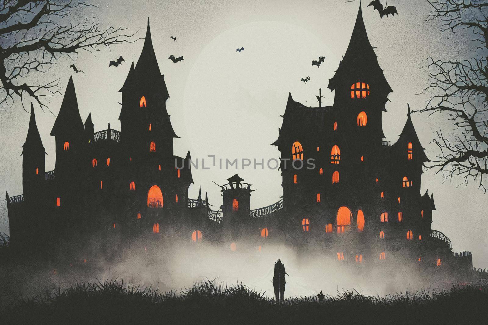 3D illustration Horror Castle Background With Graveyard In Halloween Night. Digital art background.