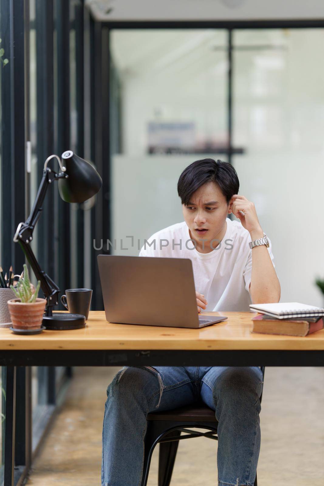 Asian man have video call meeting with partner by laptop computer.