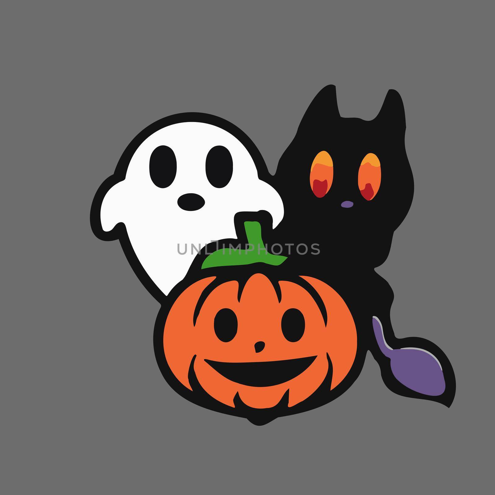 cute halloween ghost whit evil pumpkin and black cat illustration. halloween illustration.