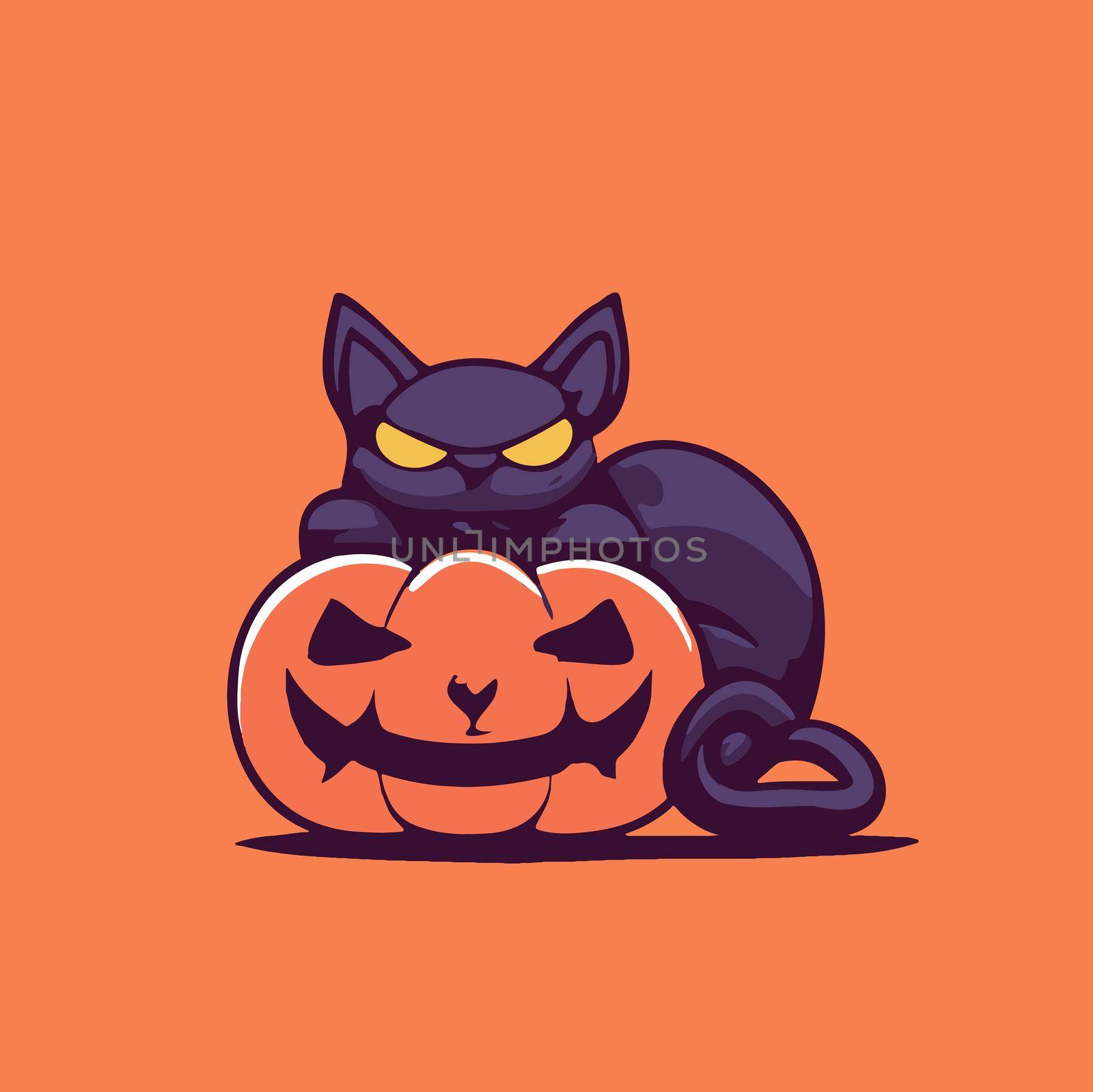 cute halloween black cat with evil pumpkin illustration. cartoon black cat and evil pumpkin halloween. halloween illustration.