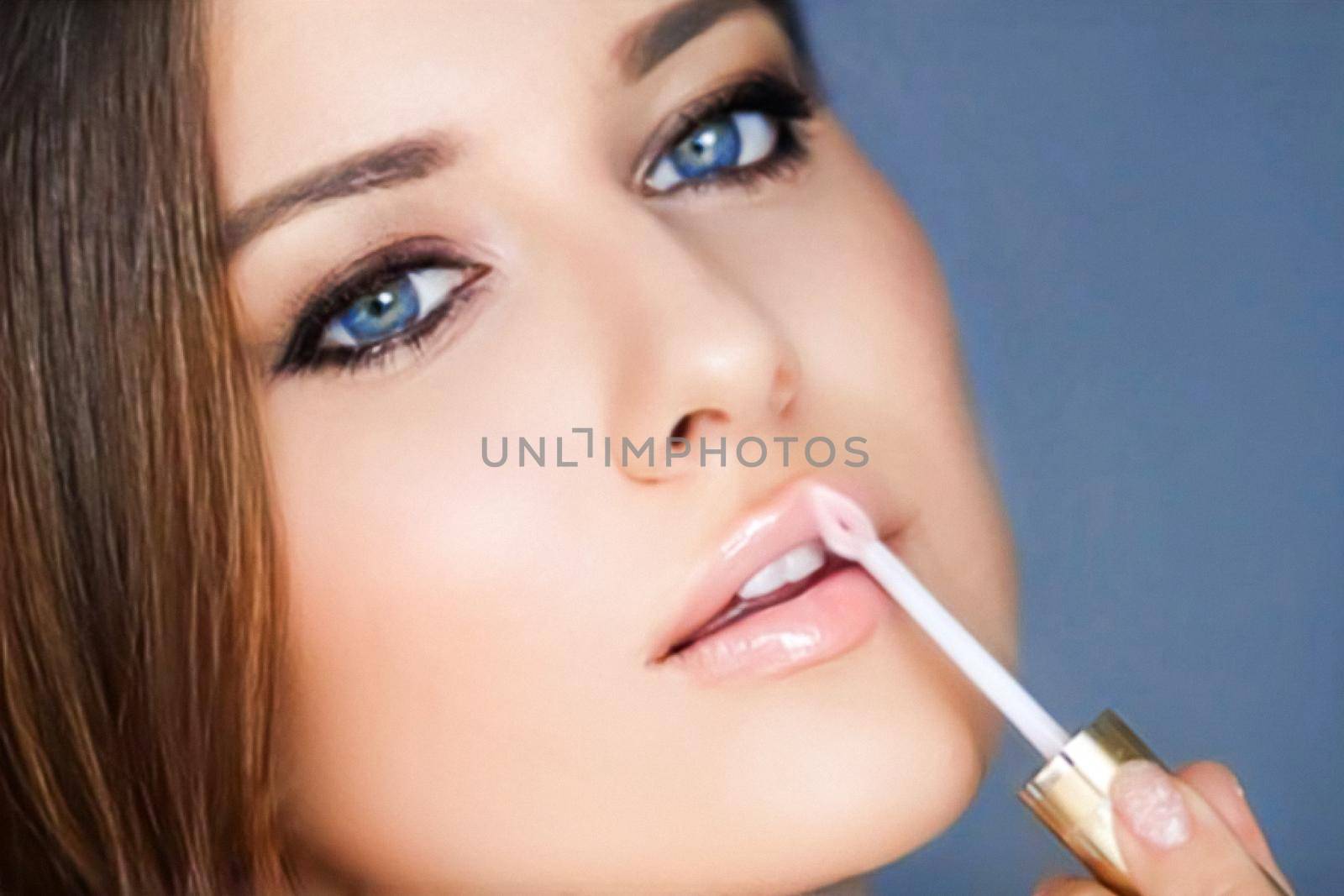 Beauty, makeup and skincare cosmetics model face portrait, beautiful woman applying lip gloss, cosmetic product and glamour make-up closeup