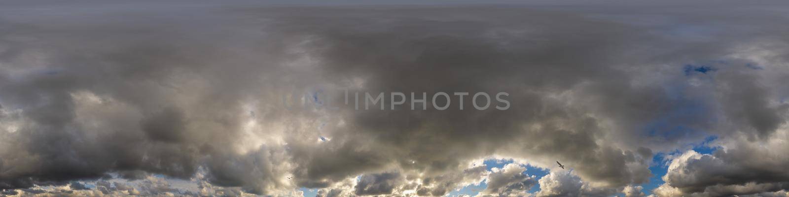 Sky panorama on overcast rainy day with low clouds in seamless spherical equirectangular format. Complete zenith for use in 3D graphics, game and for aerial drone 360 degree panorama as a sky dome.