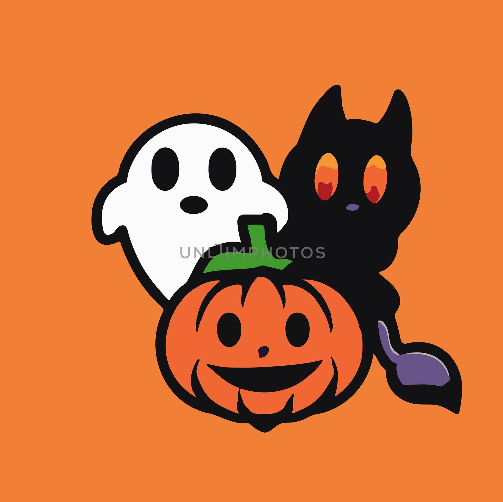 cute halloween ghost whit evil pumpkin and black cat illustration. halloween illustration.