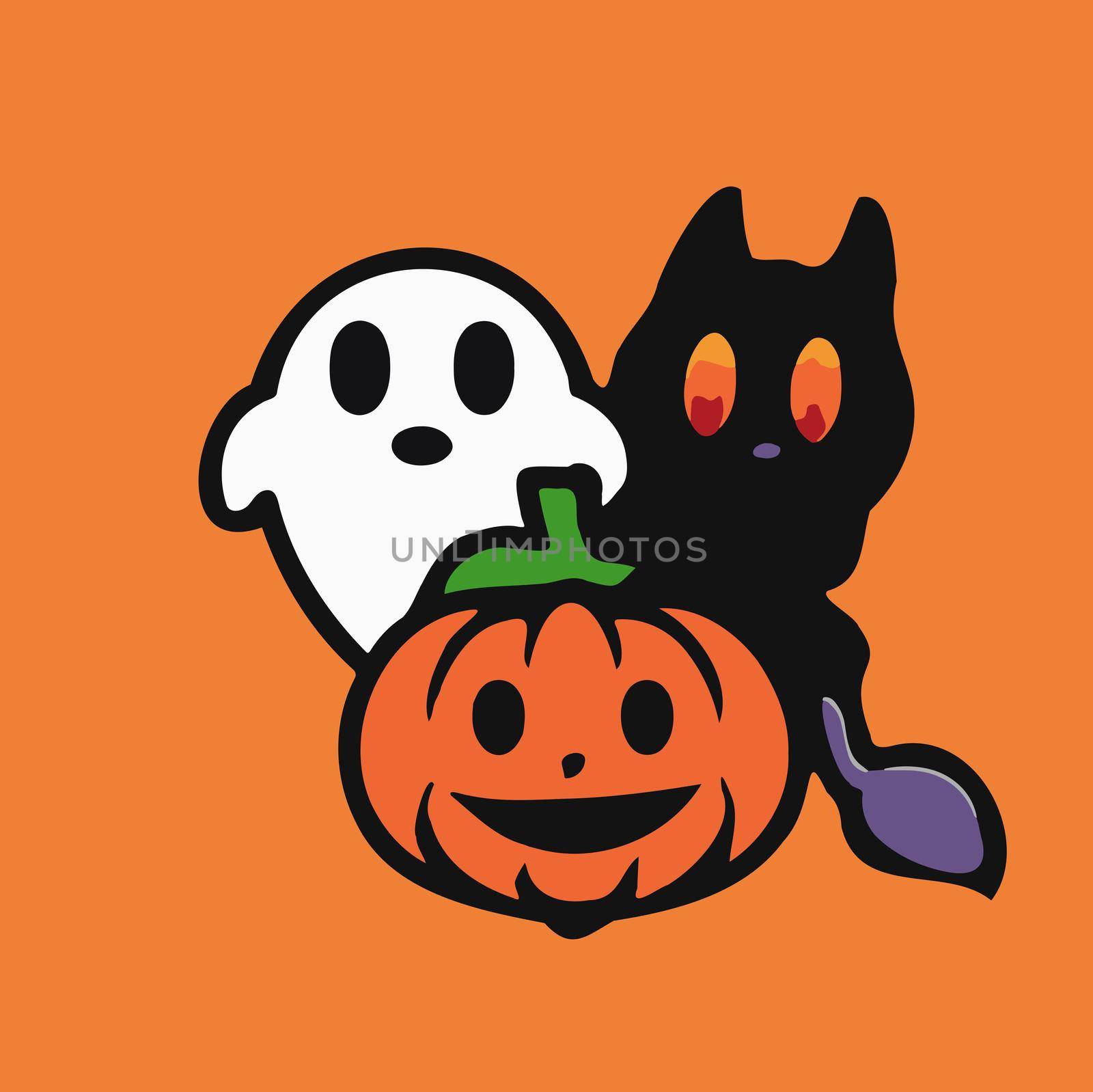 cute halloween ghost whit evil pumpkin and black cat illustration. halloween illustration.