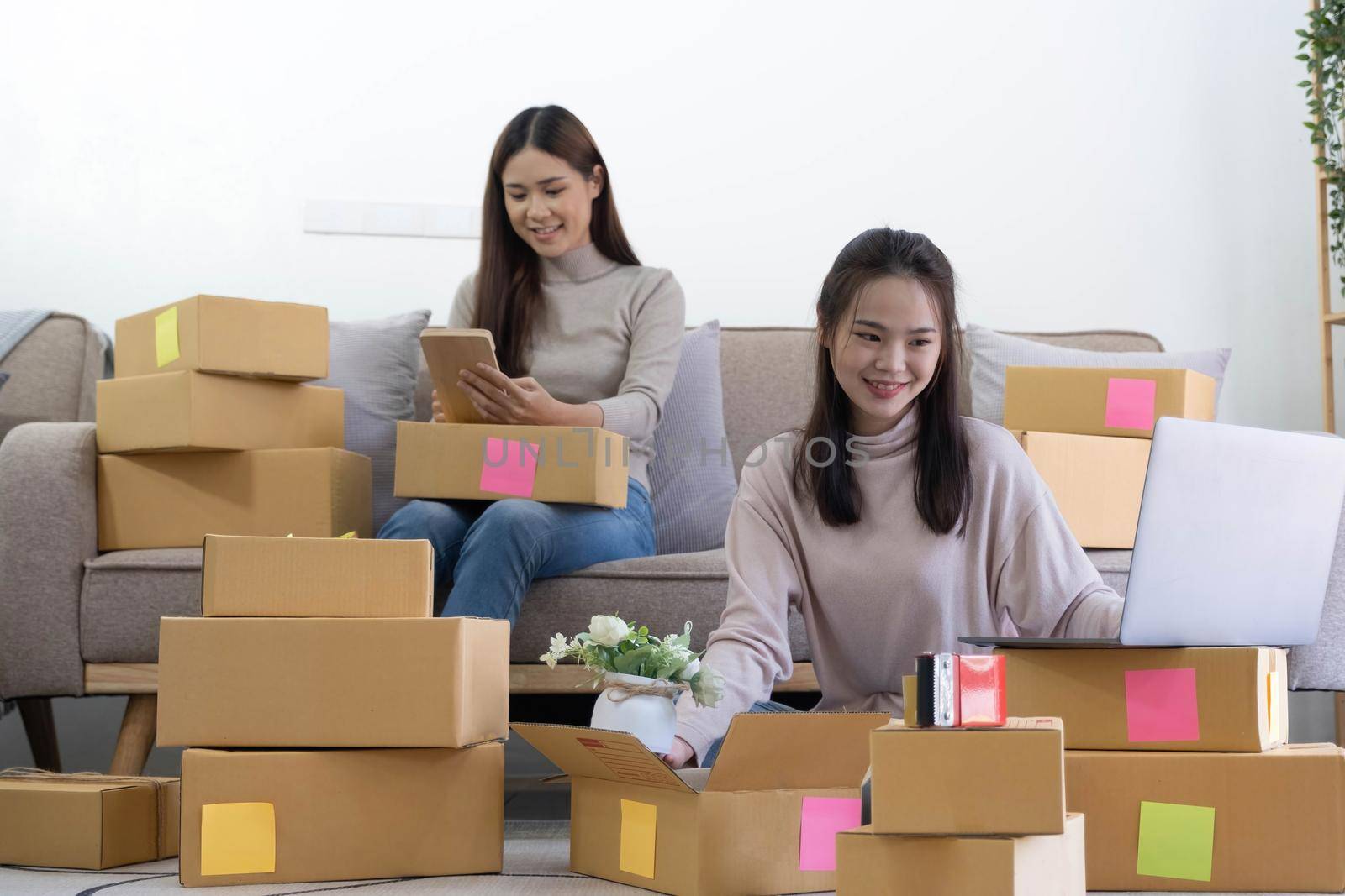 Startup small business owner working with computer at workplace. Freelance two woman seller check product order. Packing goods for delivery to customer. Online selling. E-commerce. Online Shopping.