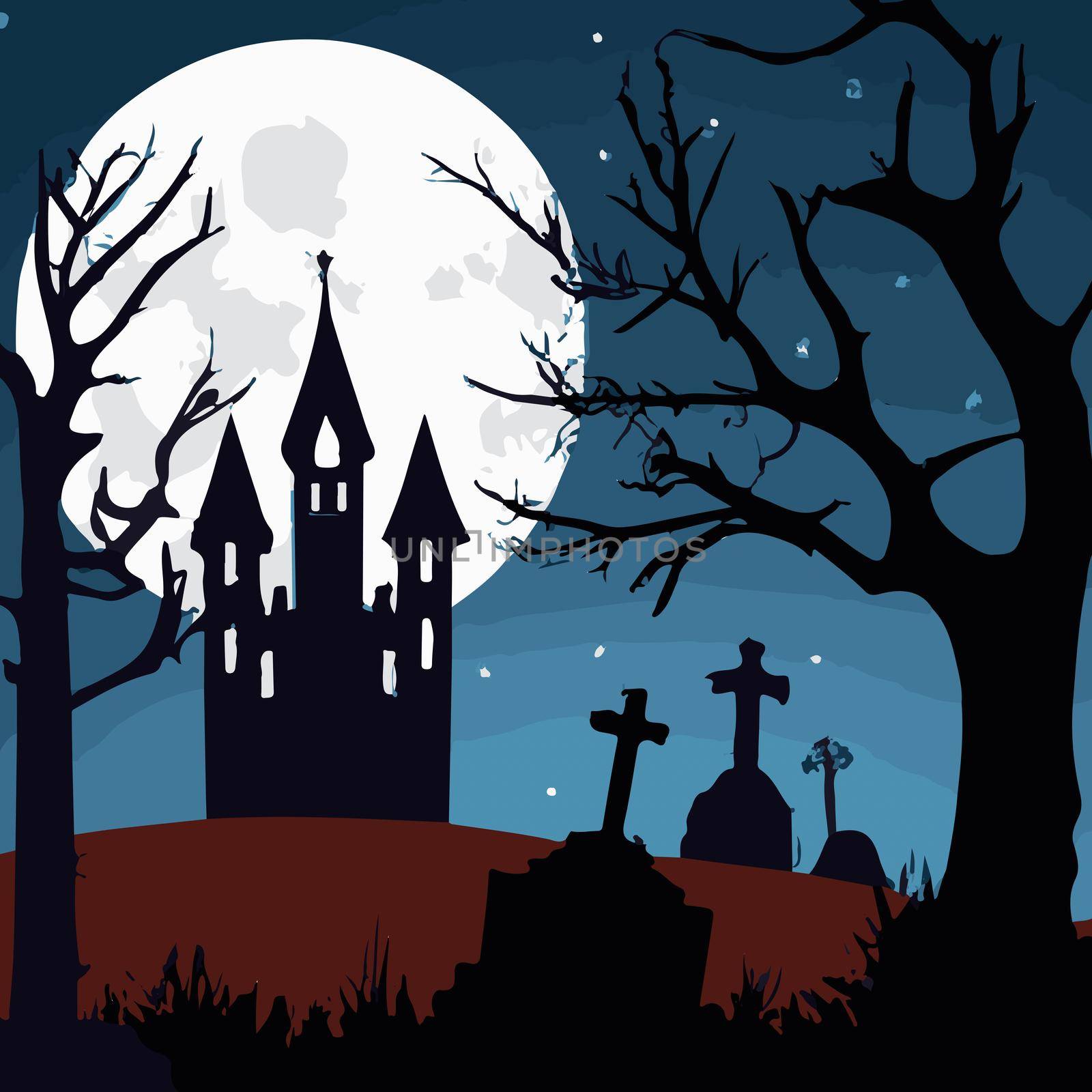 skull on halloween night with evil pumpkins. full moon in cemetery. cementery halloween.