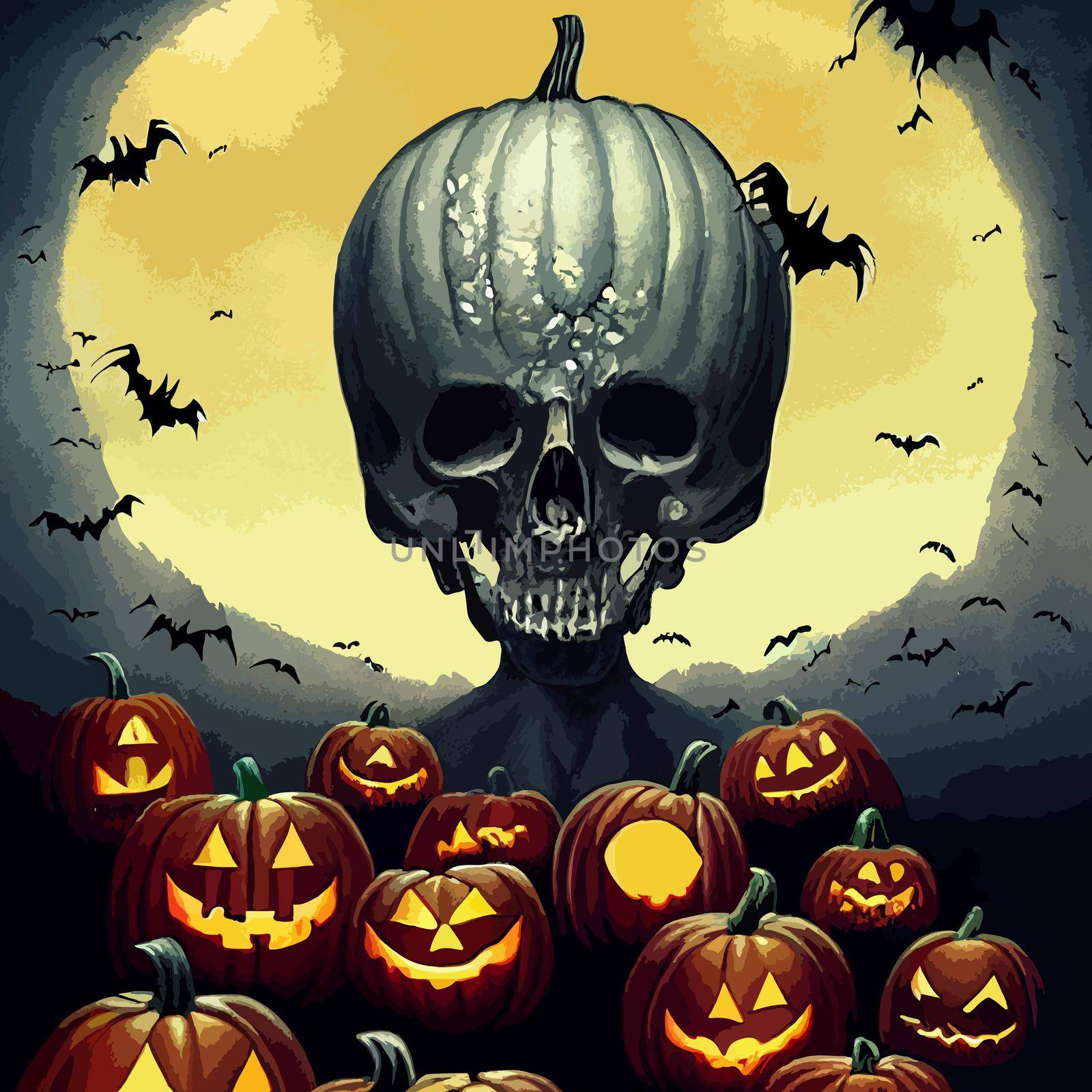 skull on halloween night with evil pumpkins. full moon in cemetery. halloween illustration.