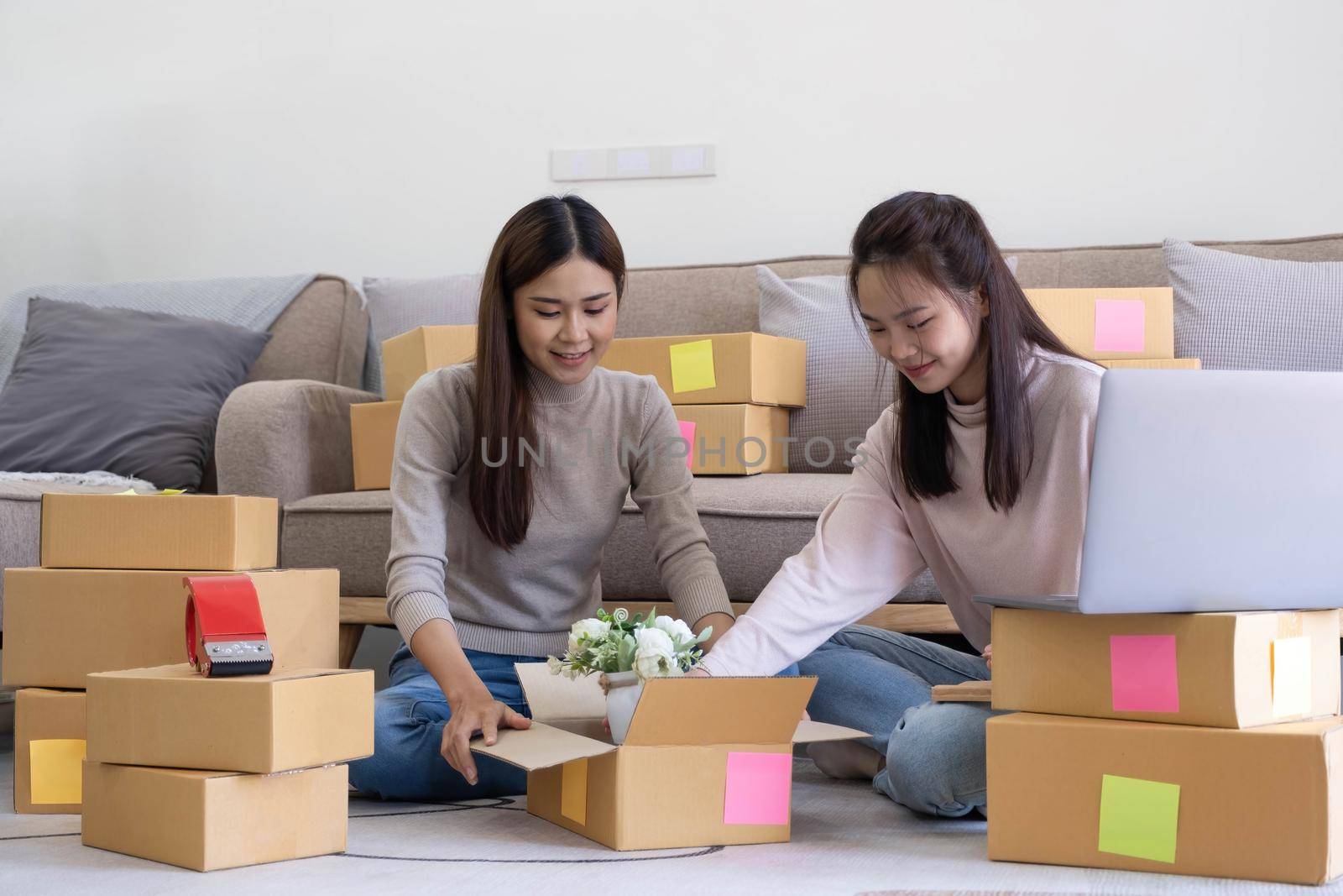 Startup small business owner working with computer at workplace. Freelance two woman seller check product order. Packing goods for delivery to customer. Online selling. E-commerce. Online Shopping.