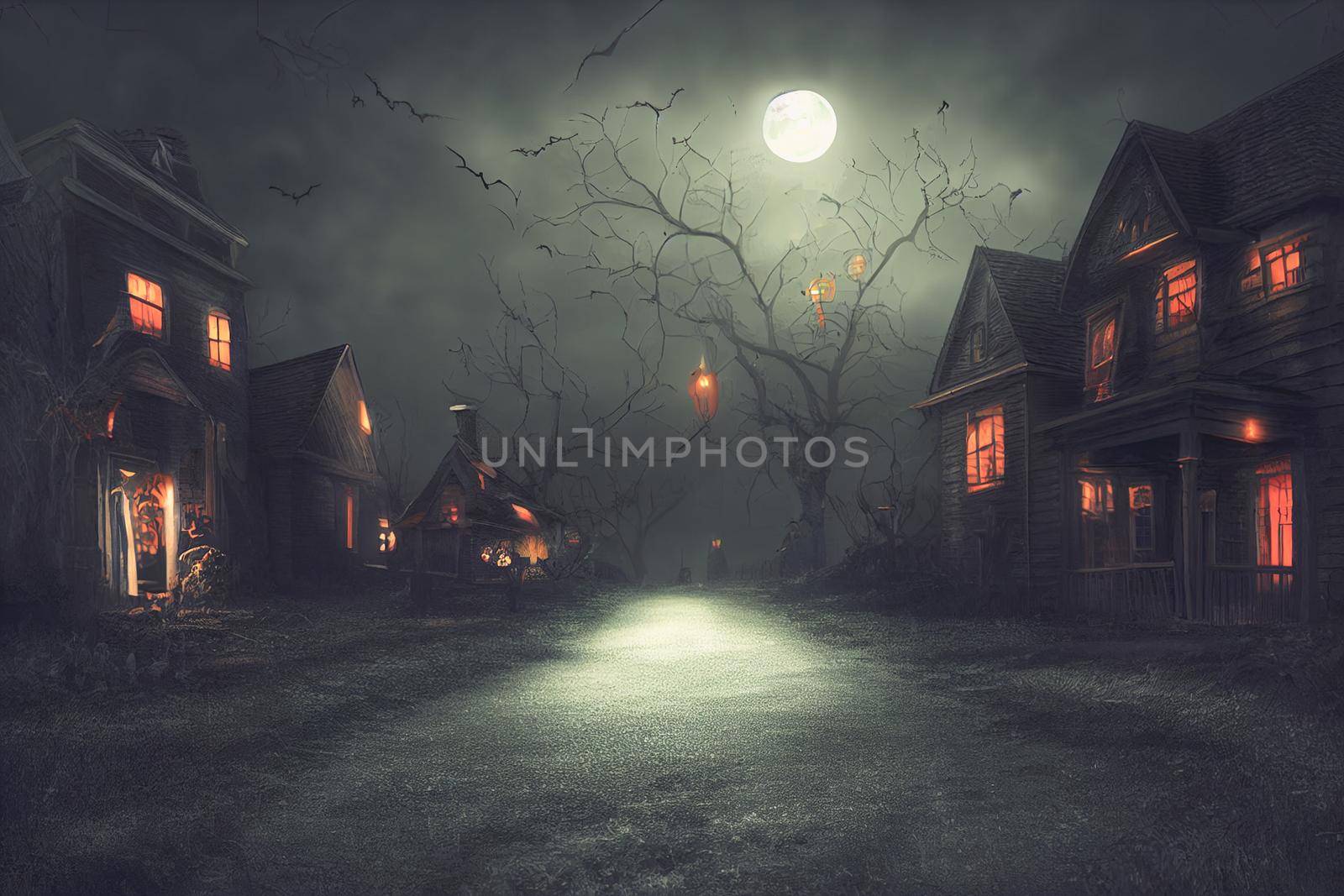 3D illustration of a Halloween concept background of realistic horror house and creepy street with moonlight. Digital art background.