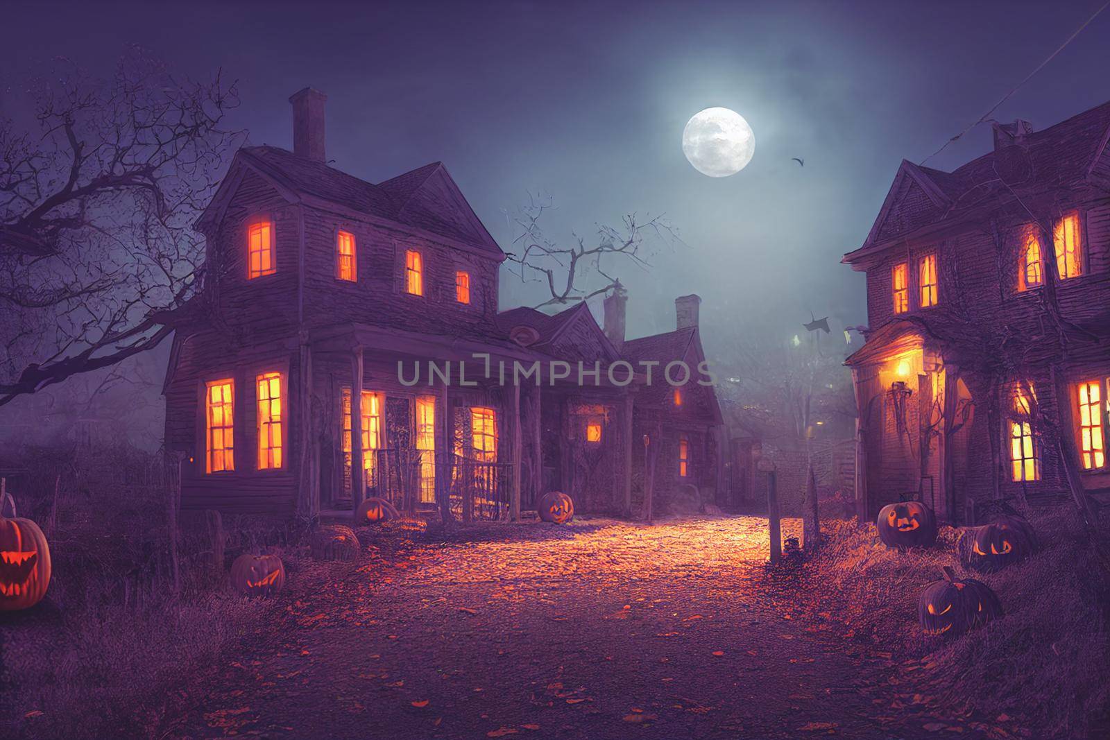 3D illustration of a Halloween concept background of realistic horror house and creepy street with moonlight. Digital art background.