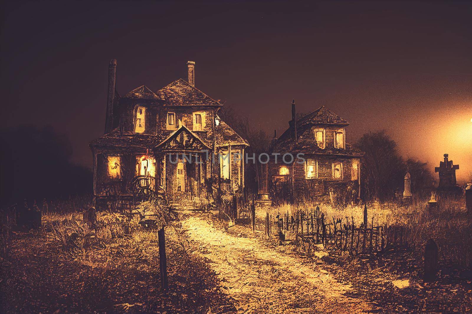 3D illustration of a Halloween concept background of realistic horror house and creepy street with moonlight. Digital art background.