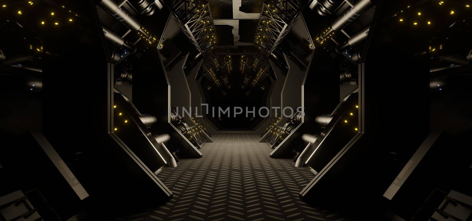 Flying in a spaceship tunnel. 3D Sci-Fi futuristic space corridor background or wallpaper