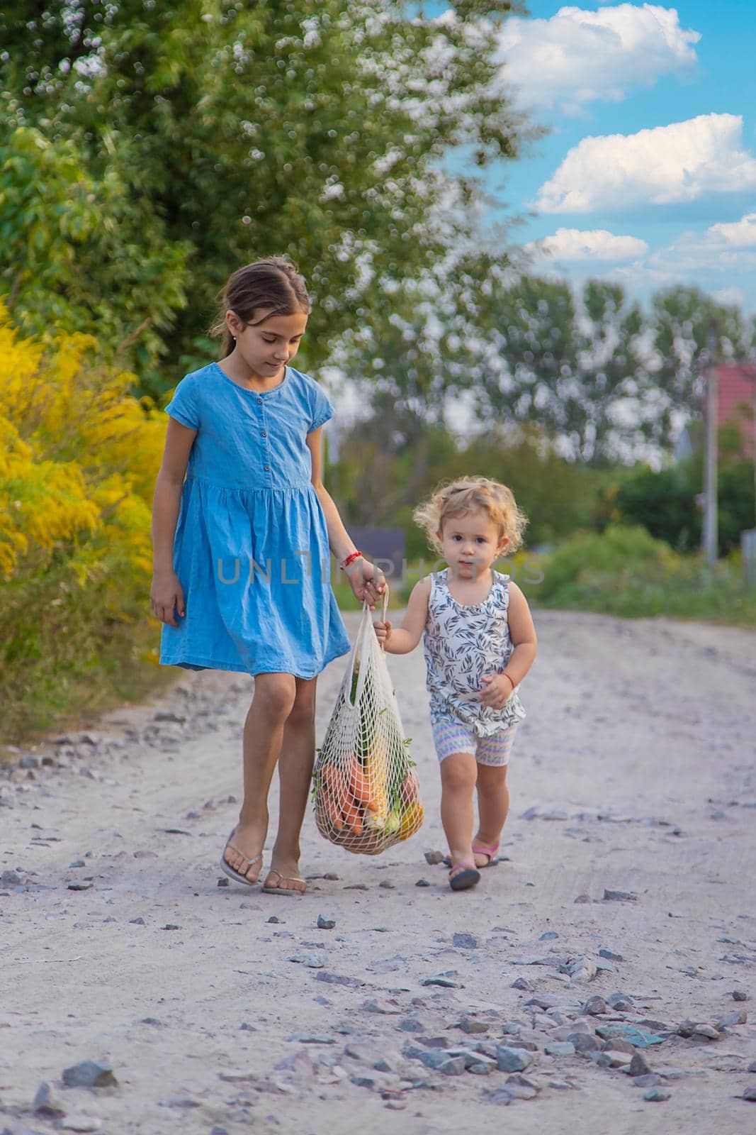 Children carry vegetables in a bag. Selective focus. Food,
