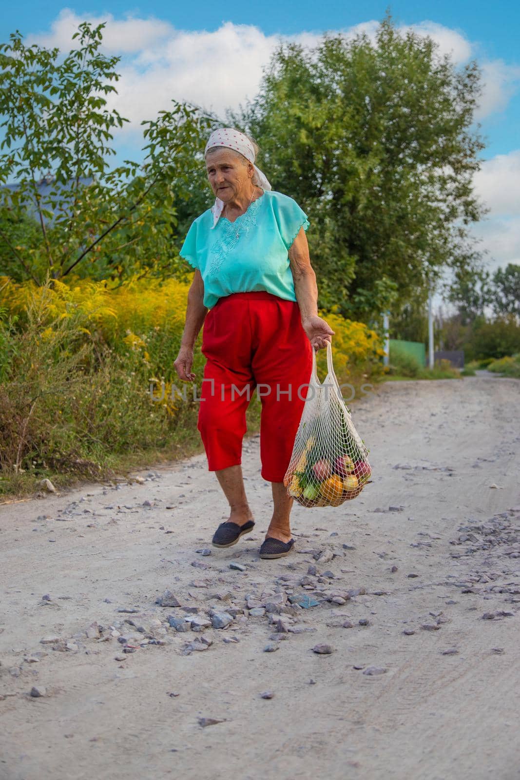 Grandmother carries vegetables in a shopping bag. Selective focus. Food.