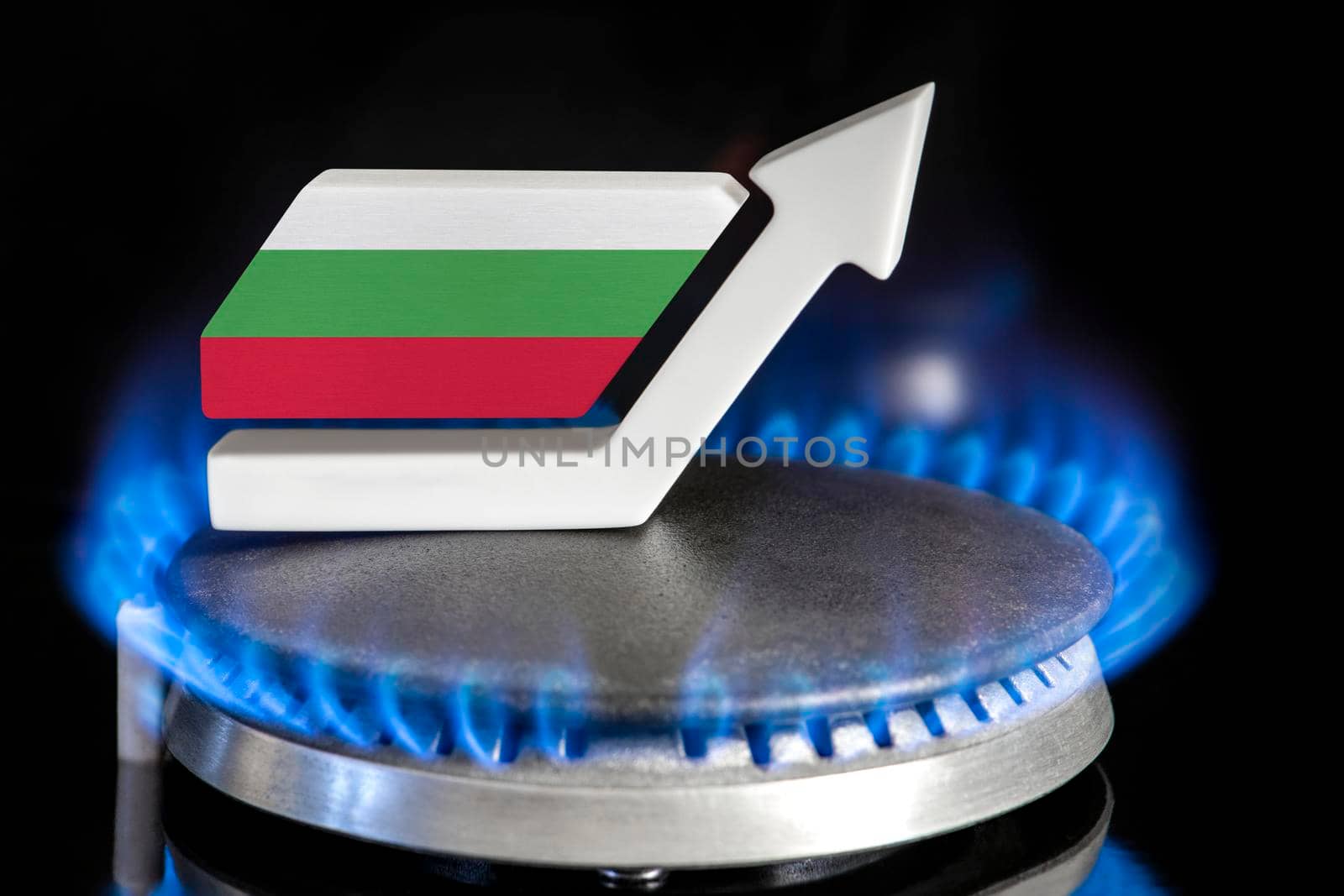 Gas price. Rise in gas prices in Bulgaria. A burner with a flame and an arrow up, painted in the colors of the Bulgaria flag. The concept of rising gas or energy prices. by SERSOL