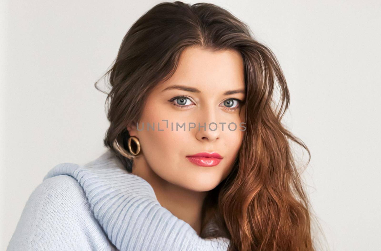 Autumn winter fashion and knitwear, beautiful woman wearing warm knitted sweater, close-up portrait