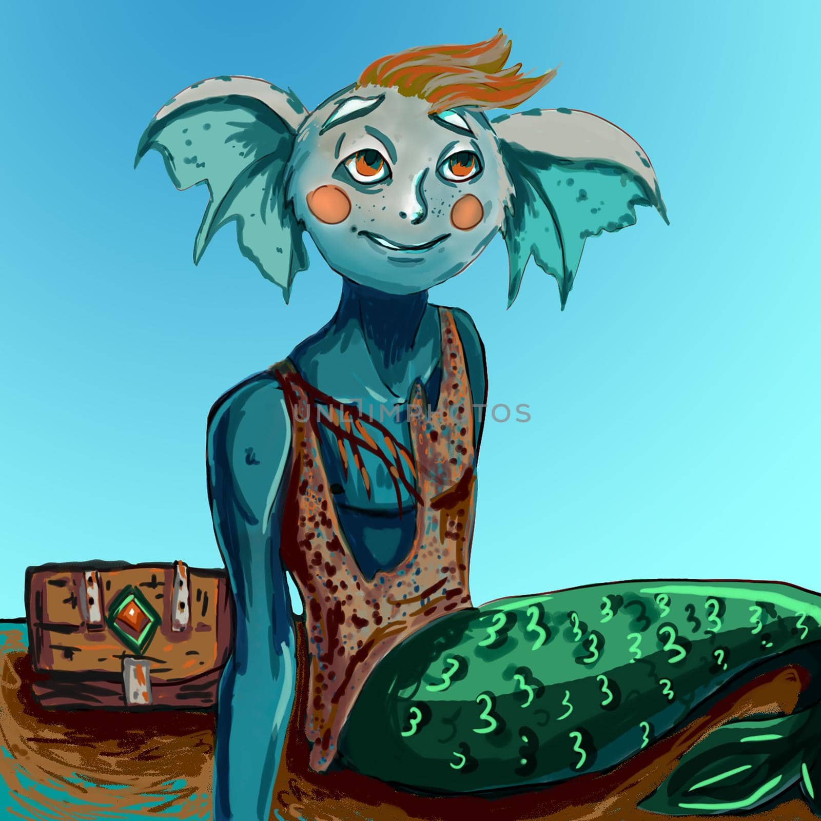 Treasures of the merman. Digital art. Cartoon style. Suitable for avatars, prints and more.