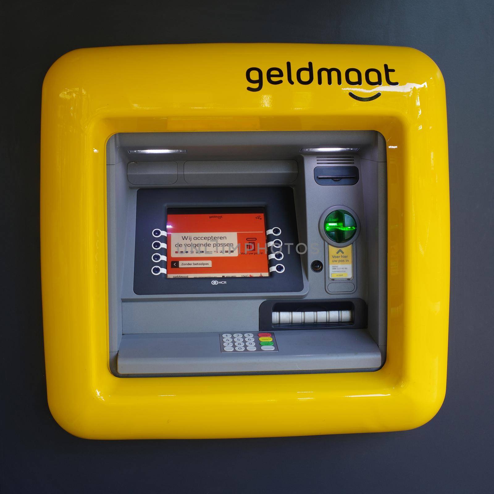Mariaparochie, The Netherlands - Aug 28 2022 An ATM of 'Geldmaat'. This is a Dutch company that manages ATMs. The banks ABN AMRO, ING and Rabobank are shareholders in this company