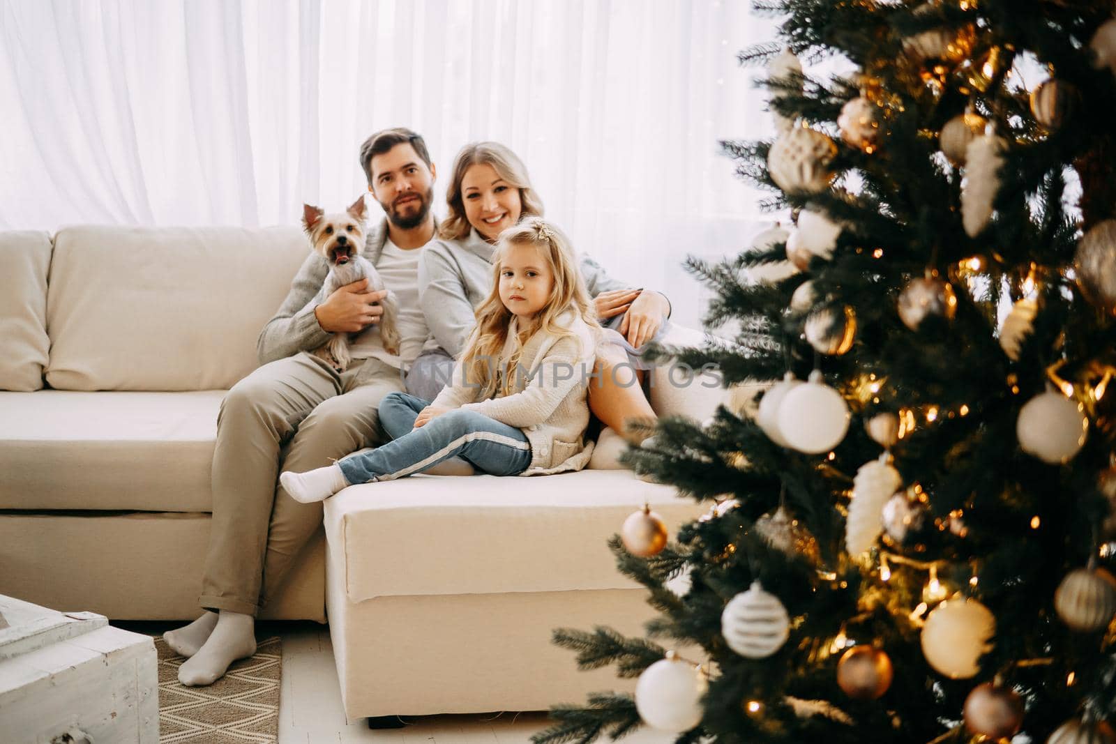 Happy family: mom, dad and pet. Family in a bright New Year's interior with a Christmas tree by Annu1tochka