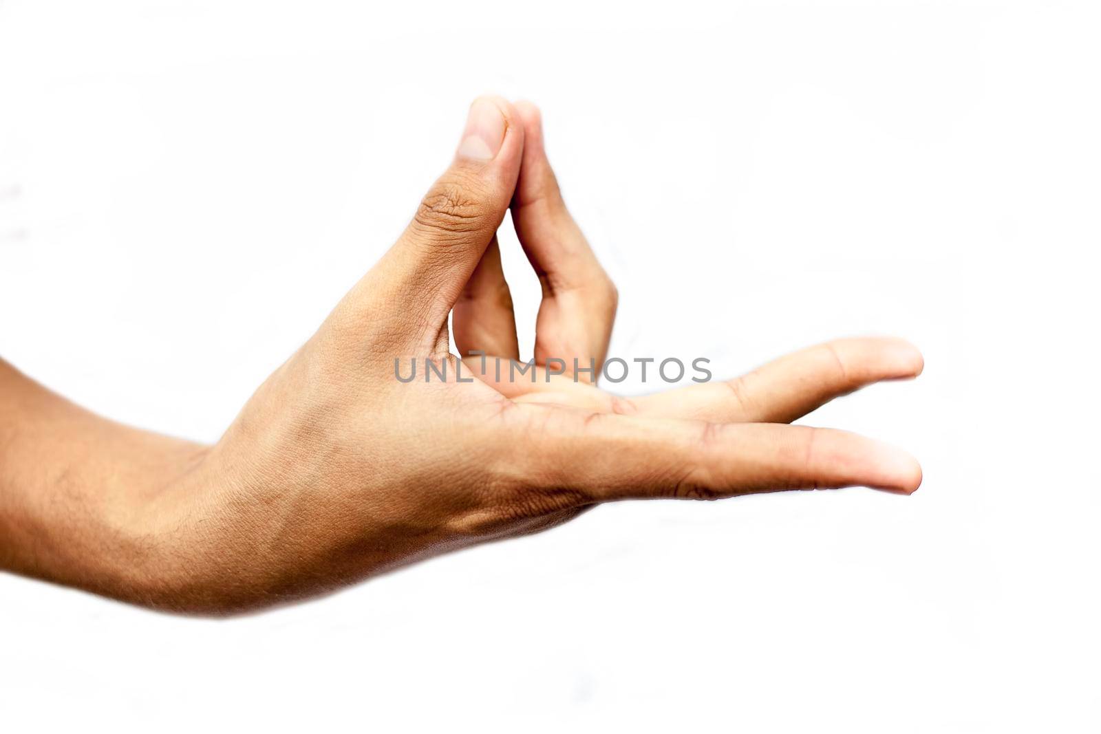 Close up shot of male hand demonstrating Prana Yoga Mudra isolated over white background. Horizontal shot. by mirzamlk