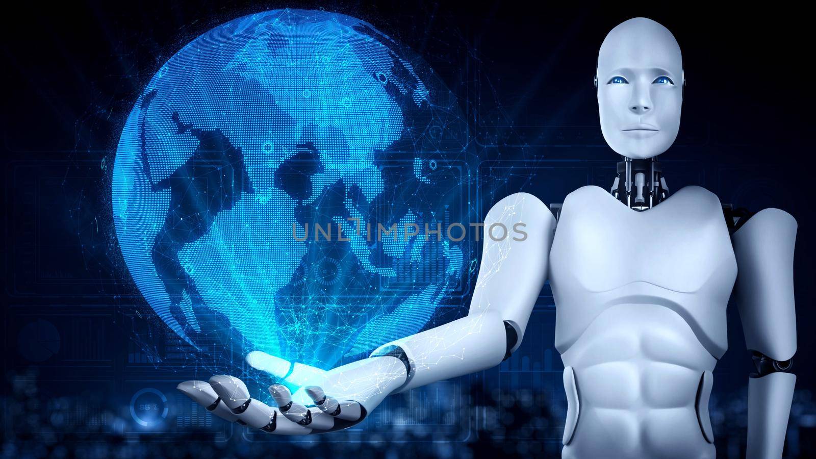 AI hominoid robot holding hologram screen shows concept of global communication by biancoblue