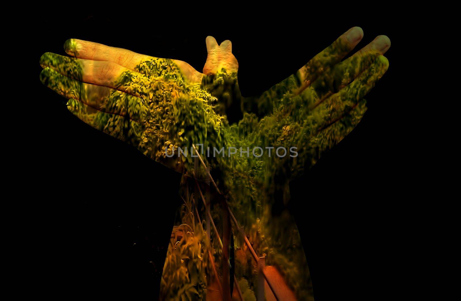 Double exposure shot of pair of hands with some caring hand sign isolated. Concept of care for mother nature.