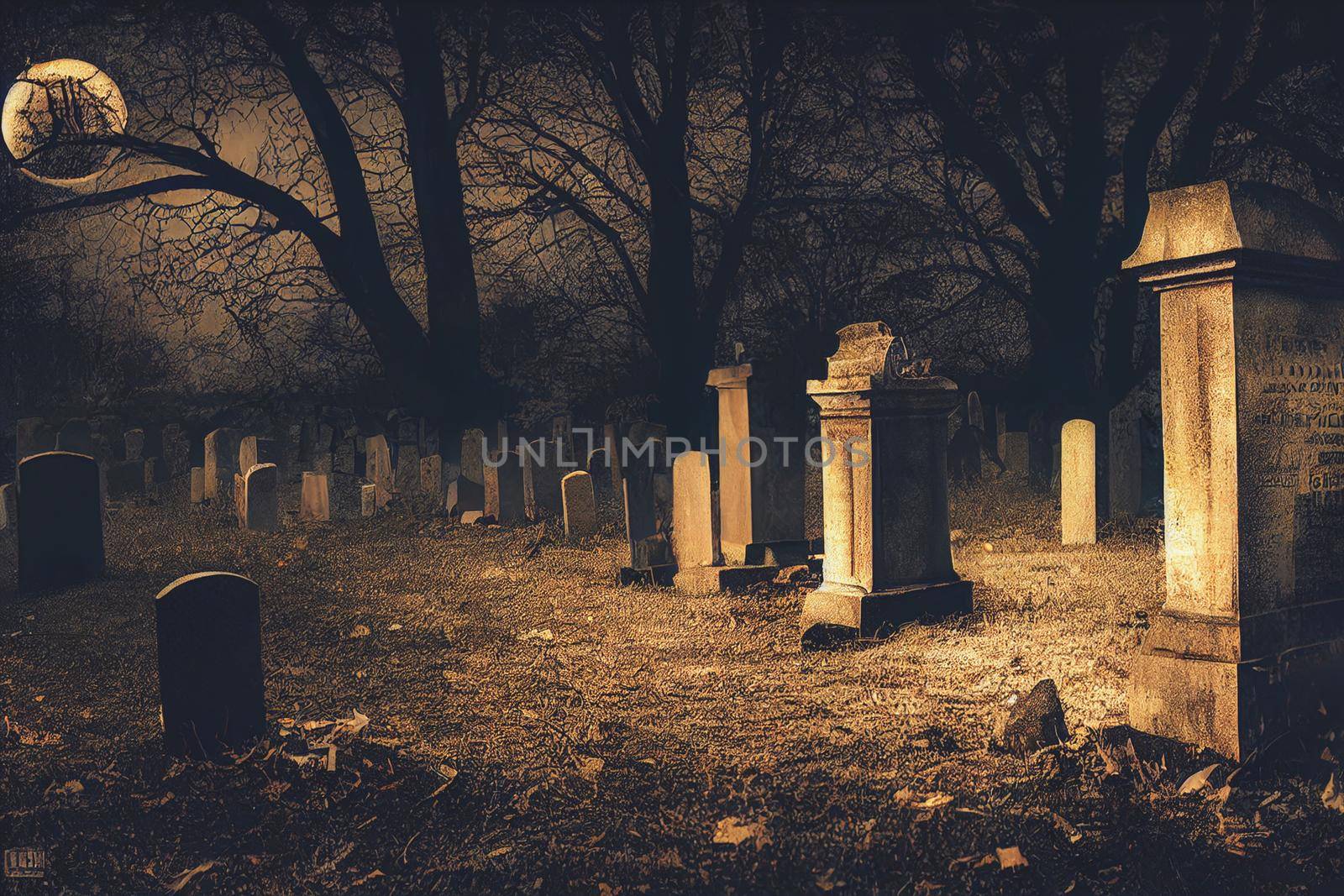 3D Render of Graveyard Cemetery In Spooky Dark Night for halloween concept. Scary Graveyard Wallpapers.