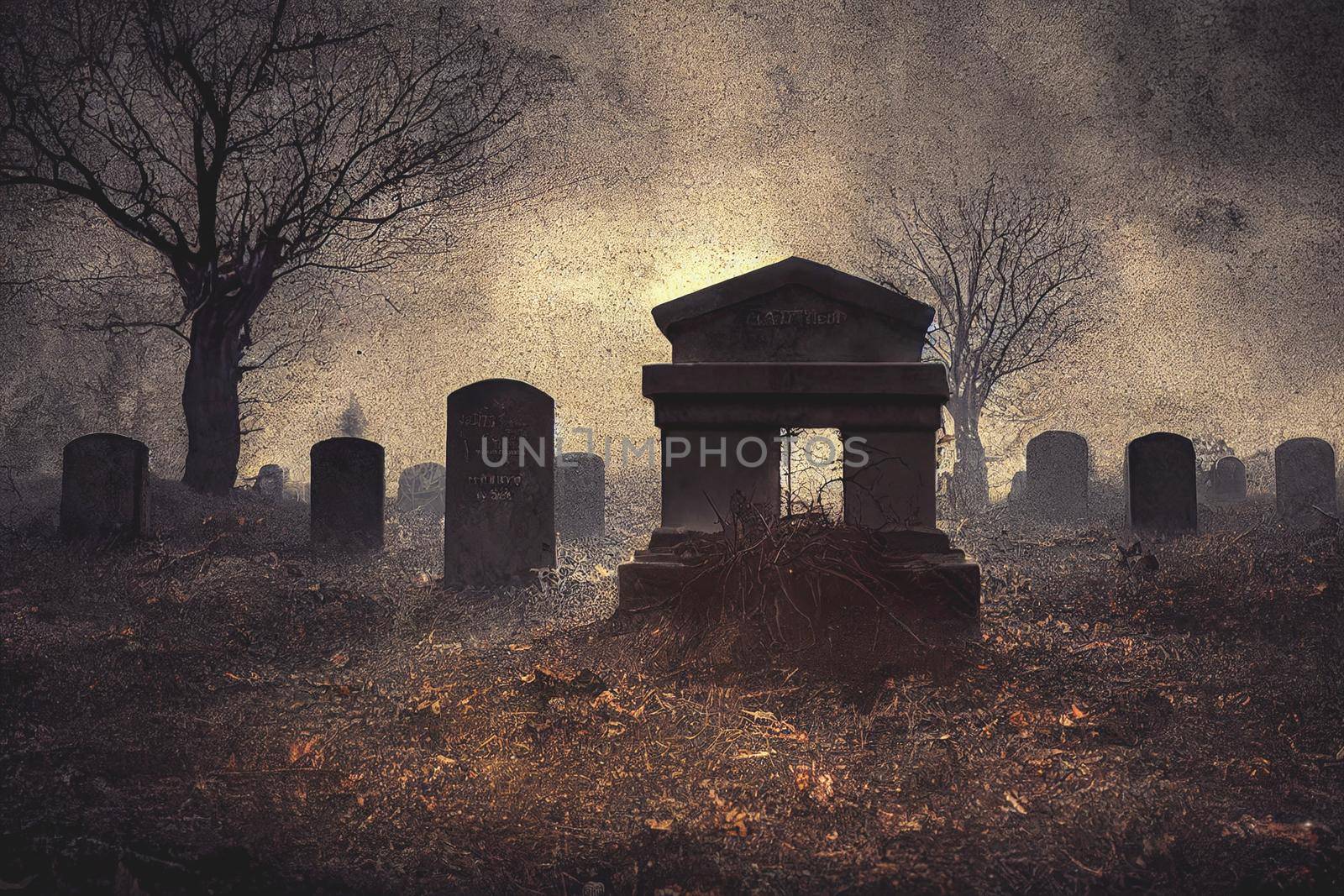 3D Render of Graveyard Cemetery In Spooky Dark Night for halloween concept. Scary Graveyard Wallpapers.