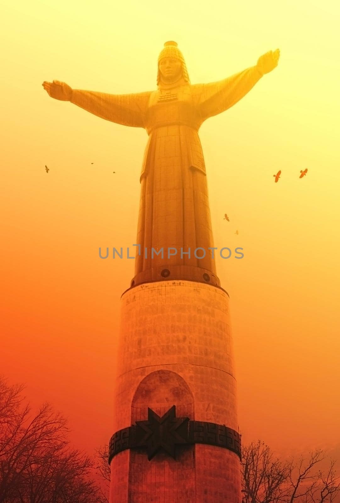 Monument of Chuvashian Mother from Russia, Landscape in orange atmosphere