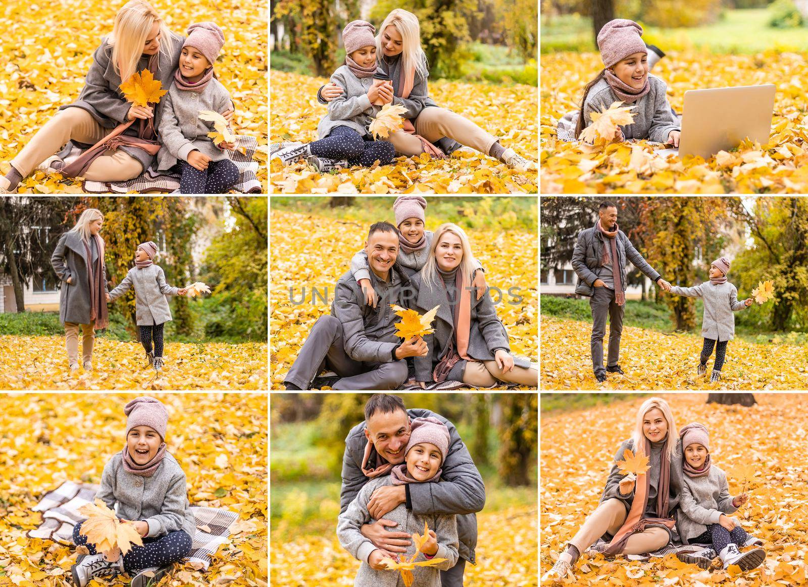 Collage of photos with happy family in autumn park. High quality photo