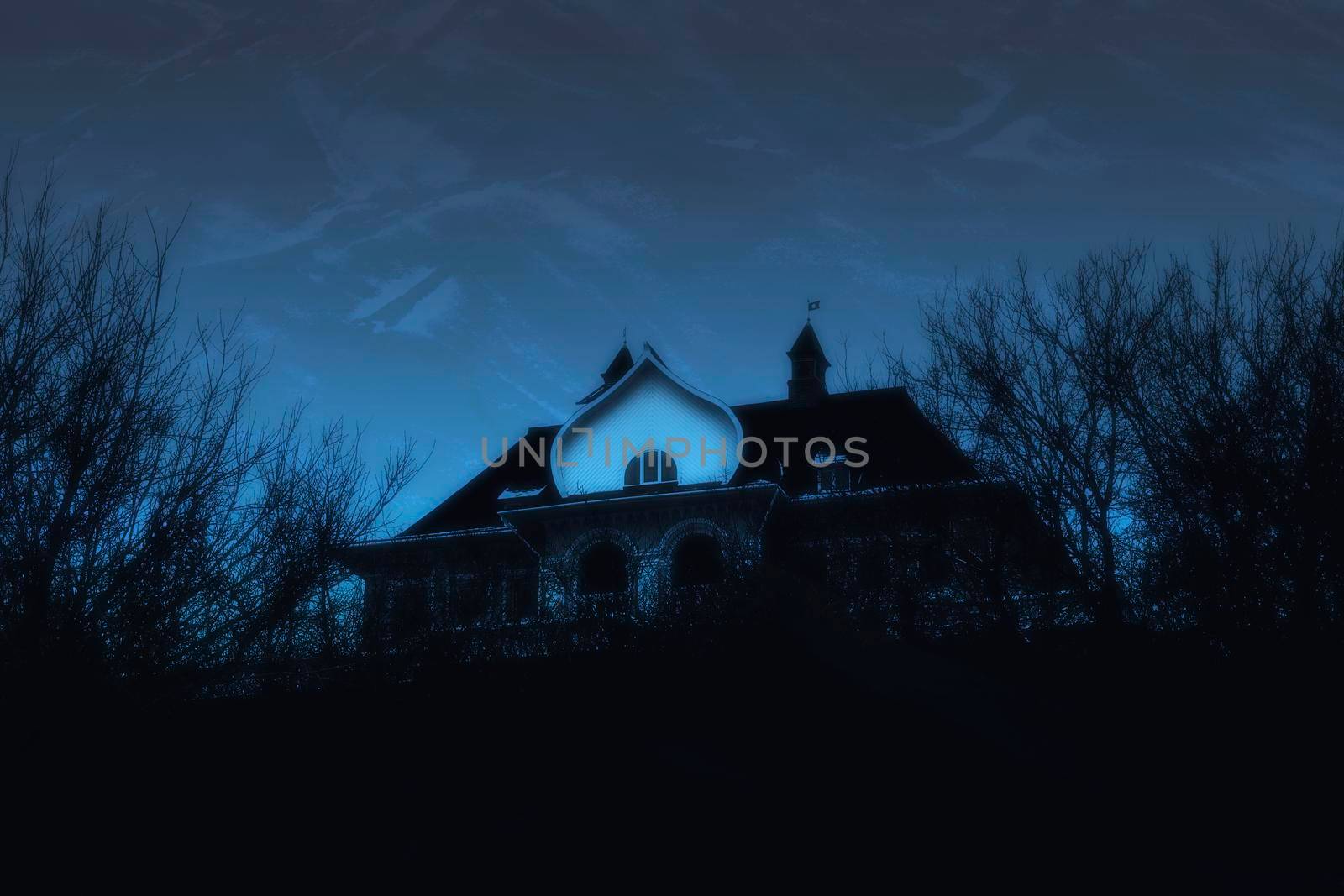Spooky House in Night Forest. Dusk Winter Landscape