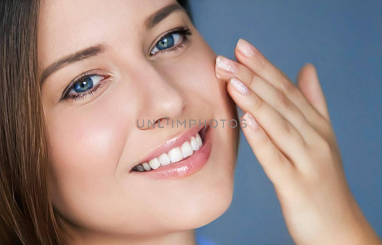 Beauty, skincare and cosmetic product, woman applying anti-aging face cream on her skin, portrait