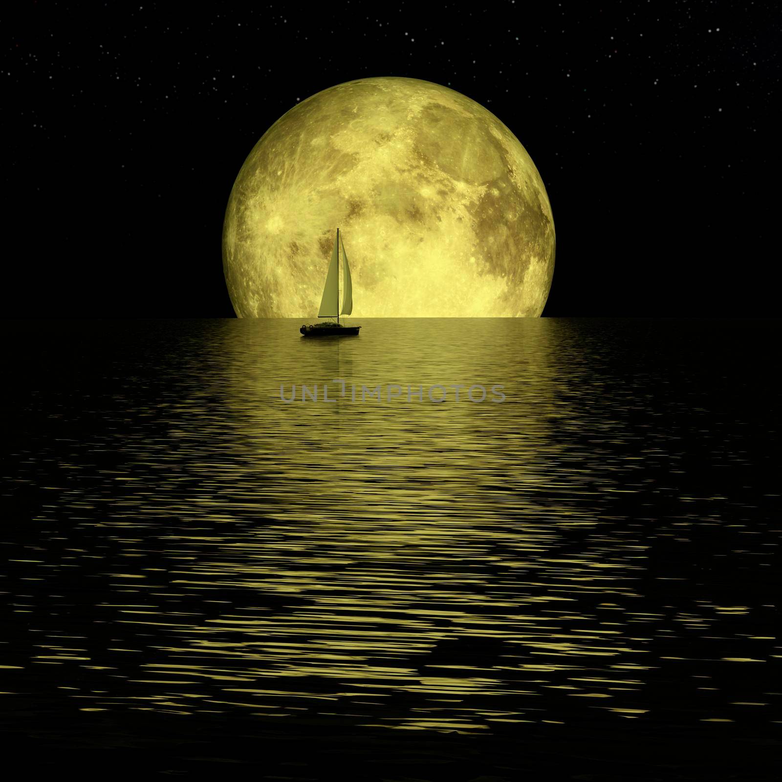 Lonely yacht in calm ocean, full yellow moon and stars by ankarb