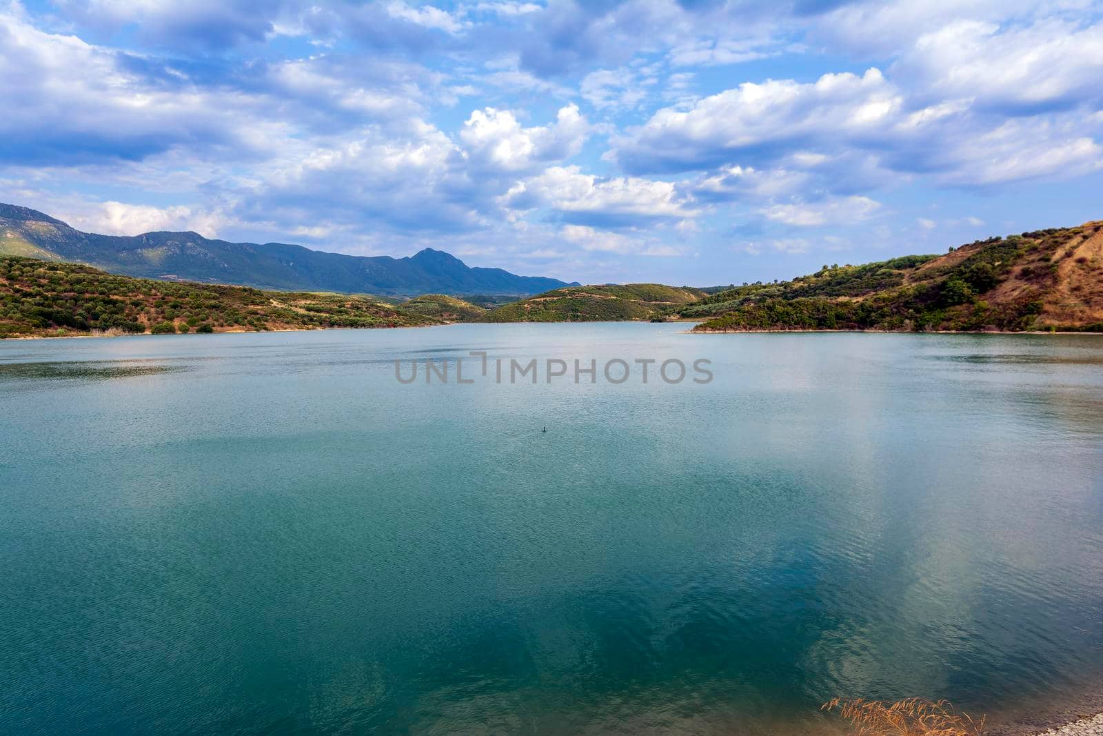 Christianoupolis dam water reservoir in Messenia, Greece. View of the dam, artificial lake. by ankarb