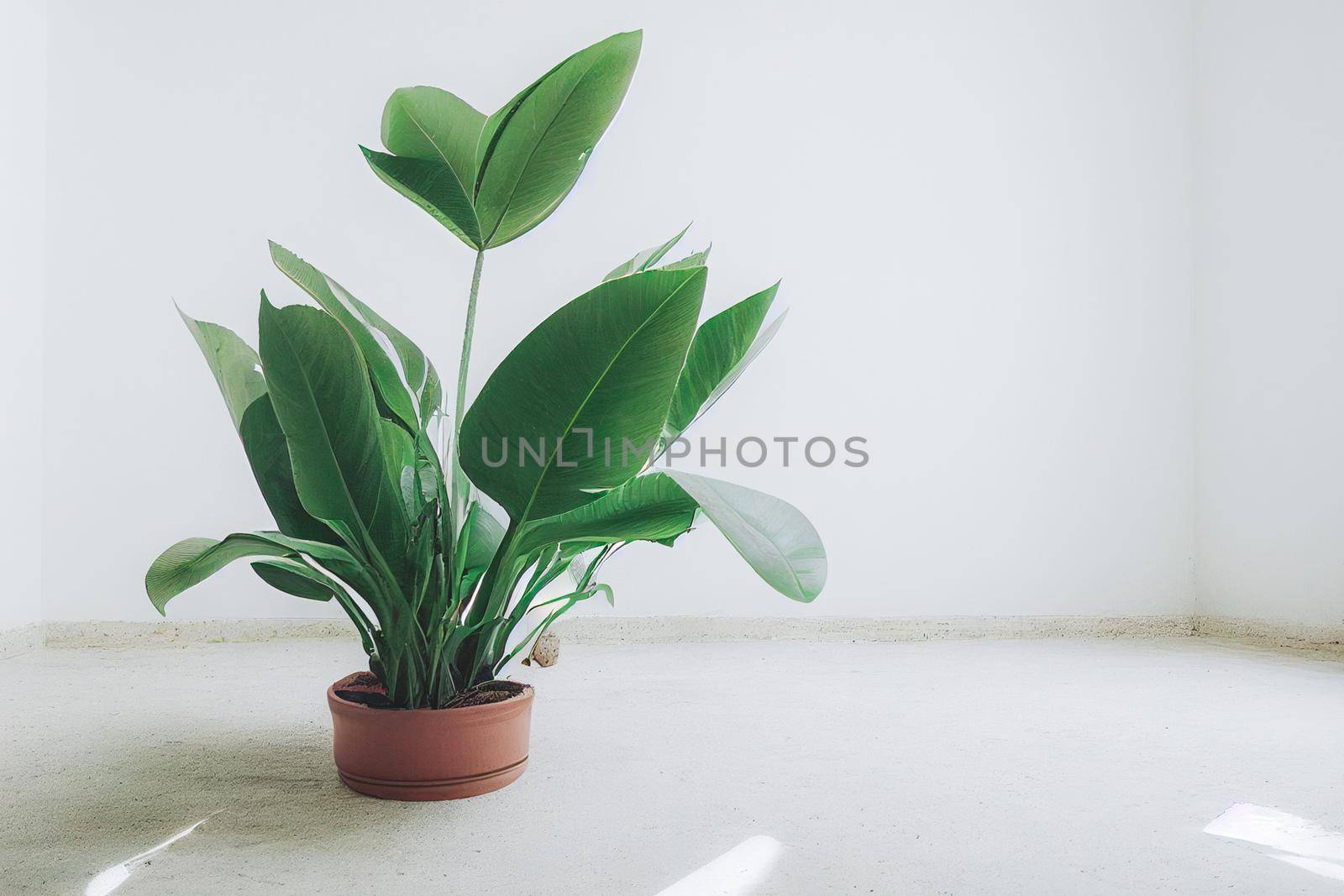 White empty room with plant. Room interior 3d illustration.