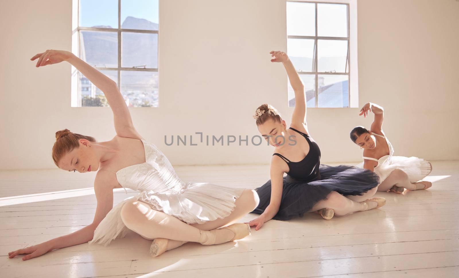 Ballet team training, exercise and dance in theater, studio or stage for competition, production or recital. Teamwork or collaboration of creative beauty performance at dancing event or concert by YuriArcurs